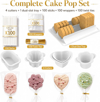 Cake Pop Molds Set, 4 Shapes with Tray, 100 Sticks Wrappers Ties