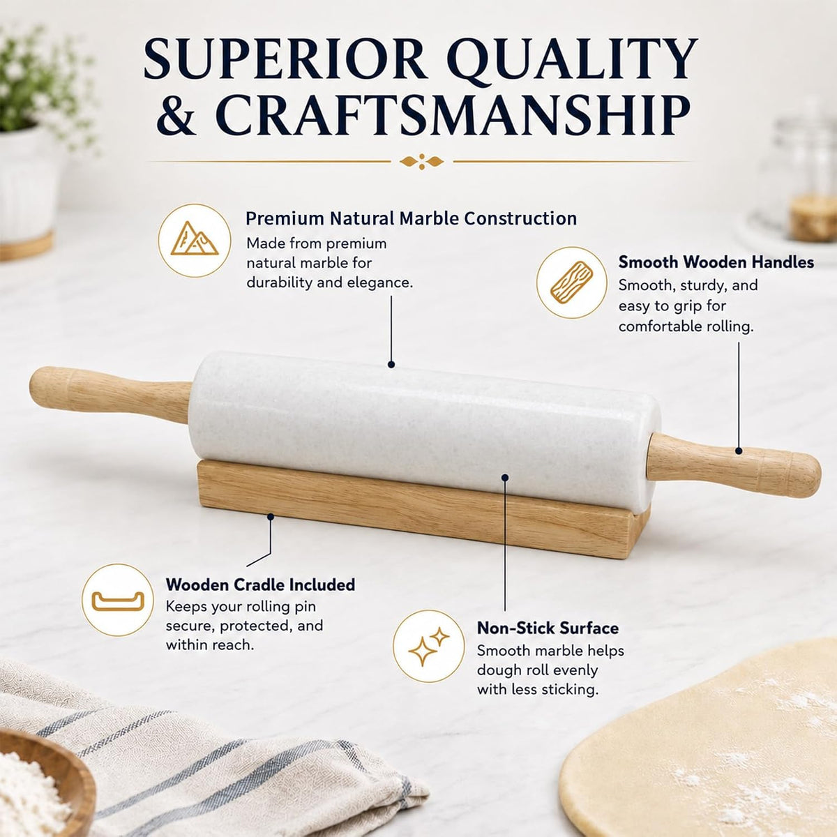 KARRYOUNG Marble Rolling Pin with Wooden handles for Baking,Home Use,White