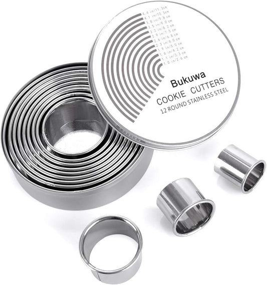 Bukuwa 12 Pcs Round Cookie Biscuit Cutter Set, Graduated Circle Cutters