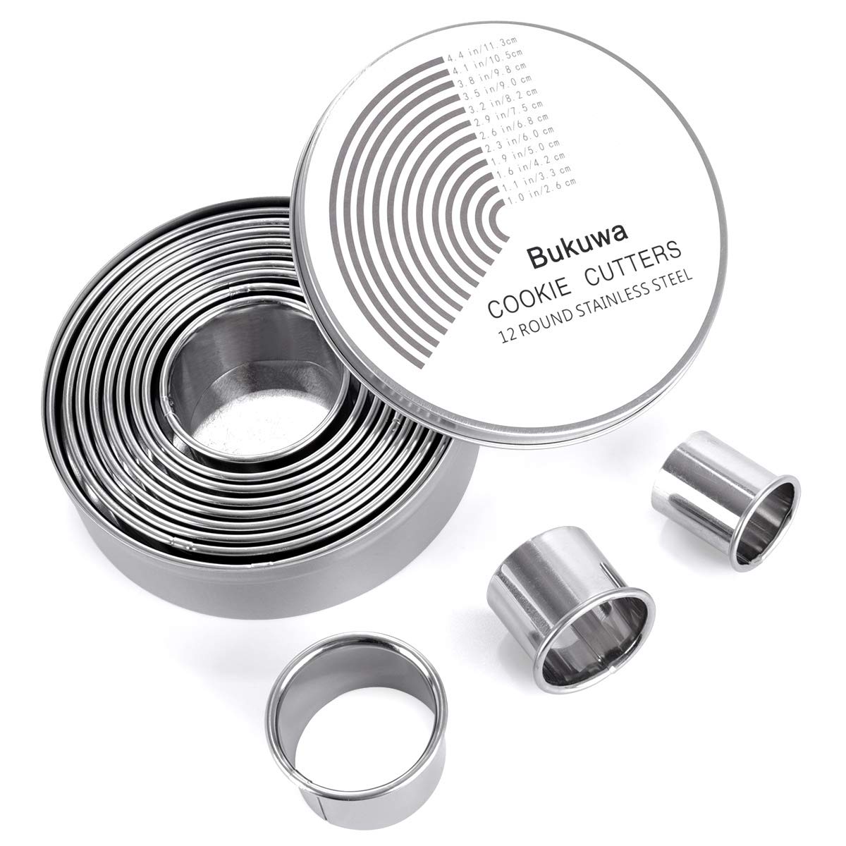 Bukuwa 12 Pcs Round Cookie Biscuit Cutter Set, Graduated Circle Cutters