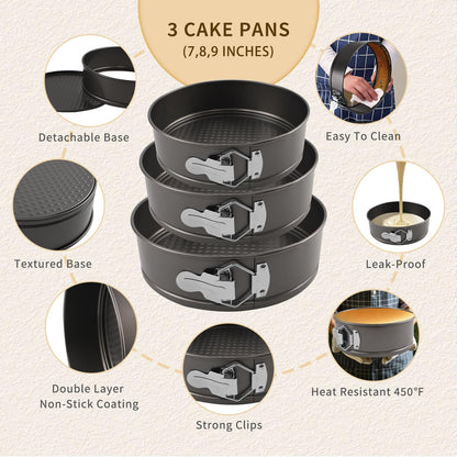 122PCs Cake Pan Sets for Baking, 7/8/9 Inch Round Cake Pans, Nonstick Springform Cake Pans, Cheesecake Baking Pans with 100 Pcs Piping Bags, 16 Pcs Nozzles, 3 Pcs Scrappers