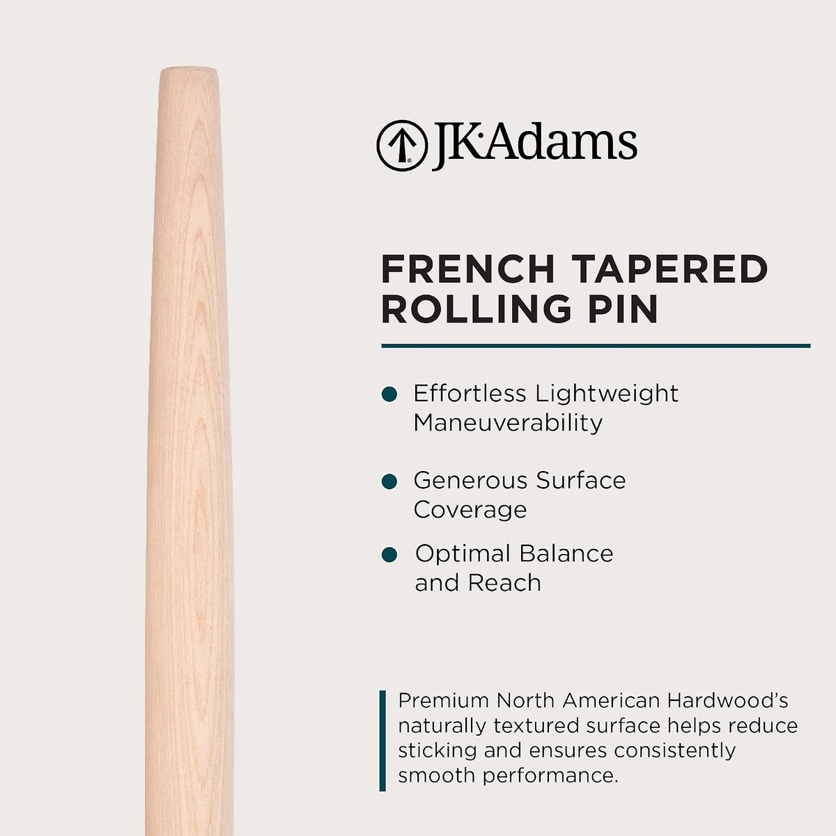 J.K. Adams French Tapered Rolling Pin, Wooden Baking Dowel, 20.5" x 1.5"
