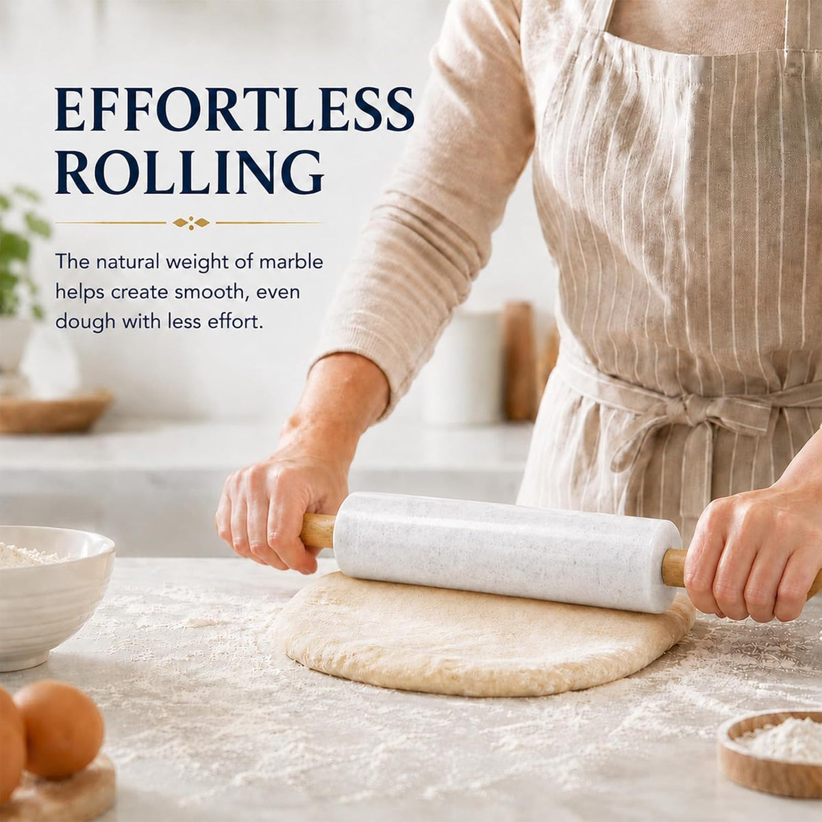 KARRYOUNG Marble Rolling Pin with Wooden handles for Baking,Home Use,White
