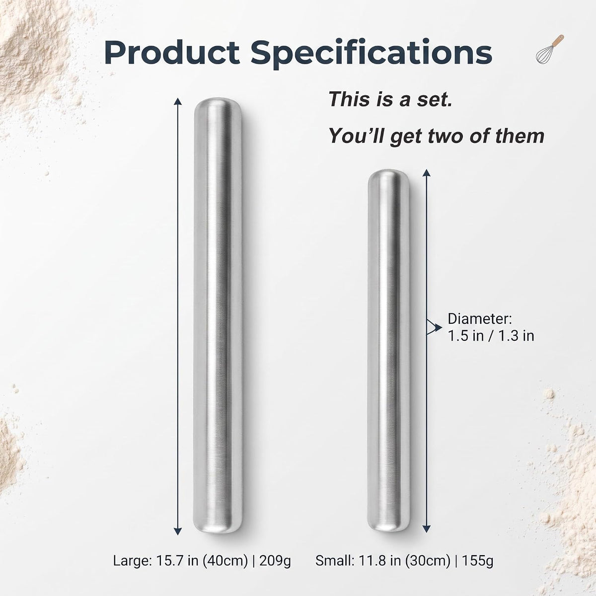 Rolling Pin 15.7" & 11.8" Set of 2, Integrated Made of Stainless Steel