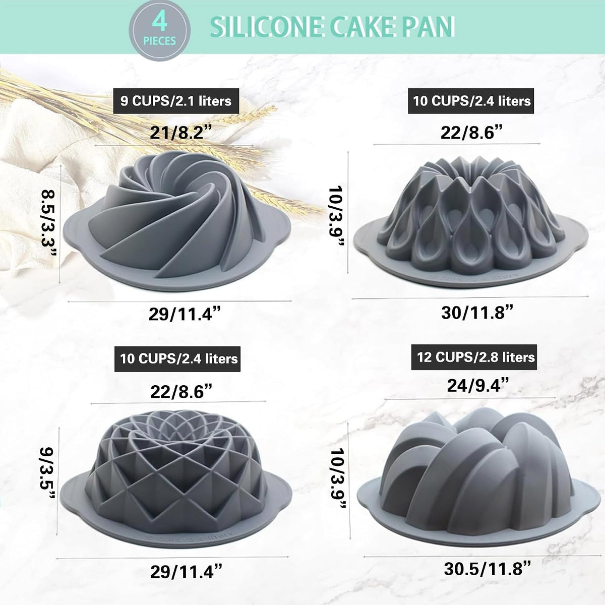 Tongjude 4 Pieces Silicone Fluted Cake Pans, 9/10/12 Cups Tube Baking Pan, Silicone Molds for Homemade Cake, Bread and Jello, Non-Stick, Grey