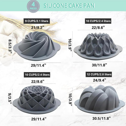 Tongjude 4 Pieces Silicone Fluted Cake Pans, 9/10/12 Cups Tube Baking Pan, Silicone Molds for Homemade Cake, Bread and Jello, Non-Stick, Grey
