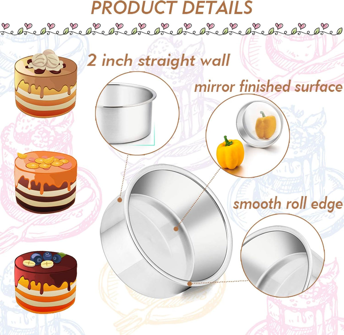 TeamFar 4 Inch Cake Pan, 6 Pcs Stainless Steel Round Baking Cake Pans Set