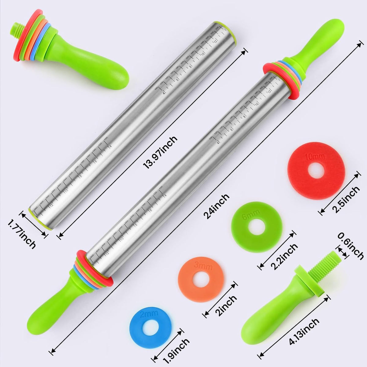 Stainless Steel Dough Roller Pins with Handle for Baking, Adjustable Rolling Pin with Thickness Rings for Cookie Decorating, Kitchen Baking Essential Tools for Fondant Cake Baker Pizza Cookie