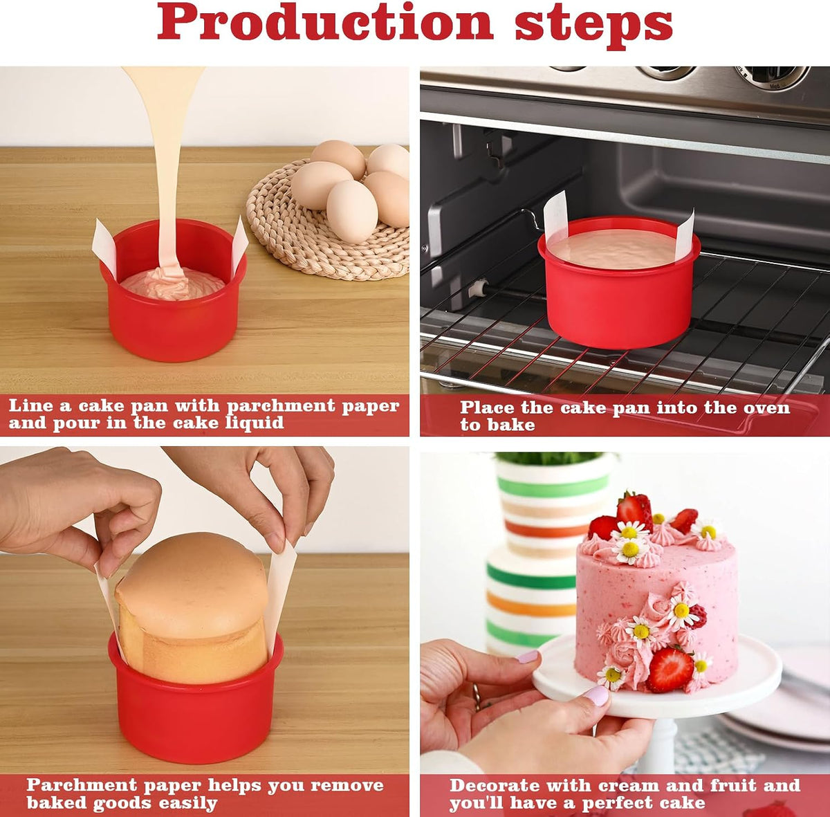 HUAKENER 4 Inch Cake Pan, 4 Pack Silicone Cake Molds with Parchment Paper ﻿