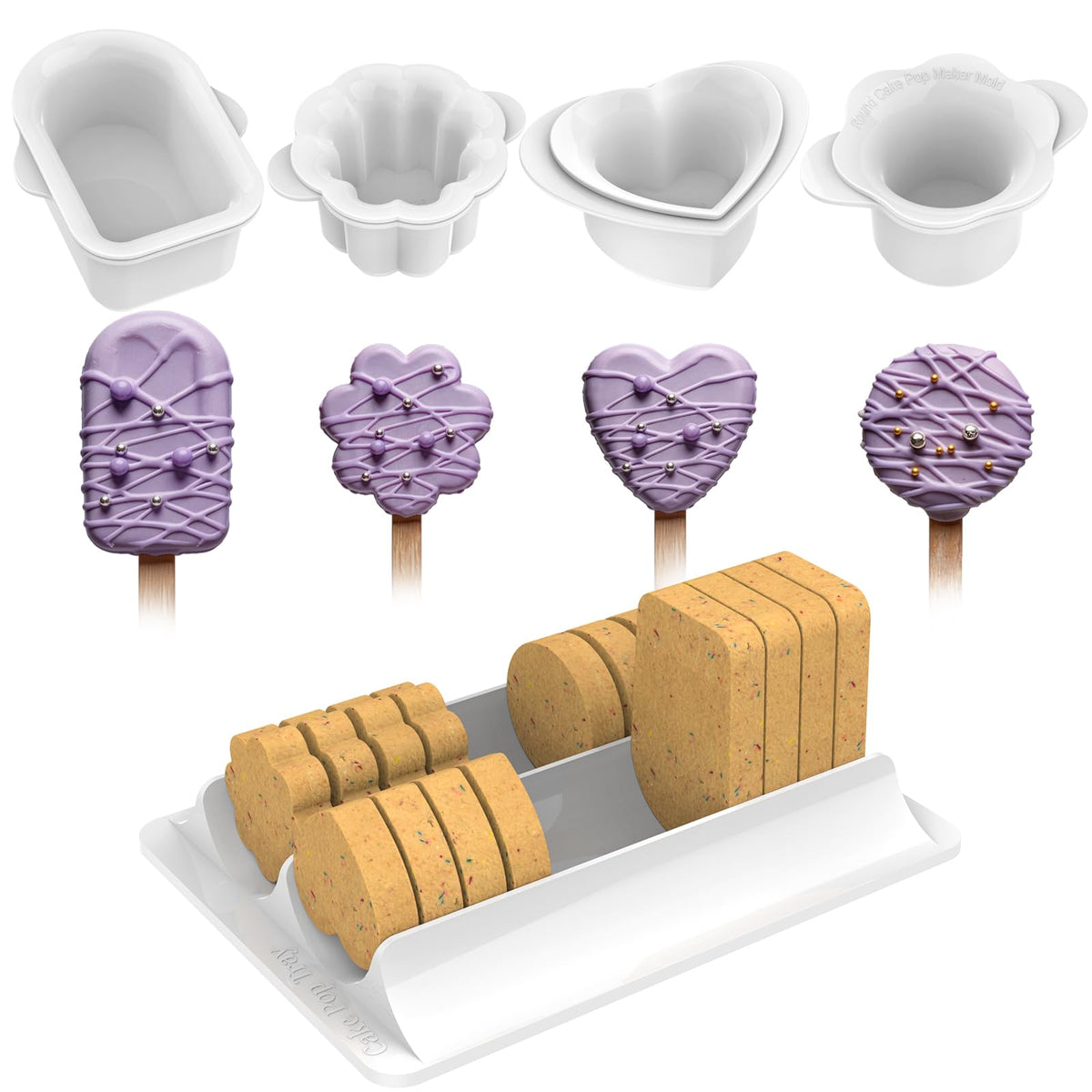 Cake Pop Molds Set, 4 Shapes with Tray, 100 Sticks Wrappers Ties