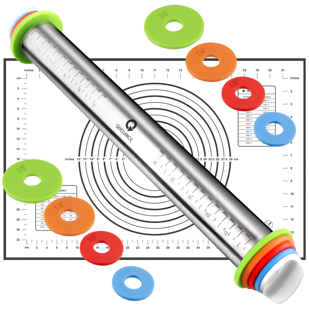 Stainless Steel Rolling Pin & Baking Mat Set with Adjustable Thickness Ring