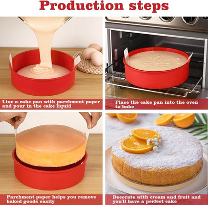 HUAKENER 8 Inch Round Cake Pan,3Pcs Silicone Cake Mold with Parchment Paper