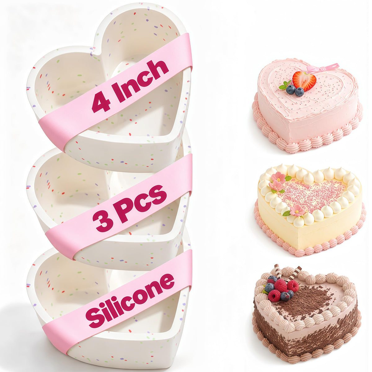 6 8 10 Inch Silicone Heart Shaped Cake Pans for Baking, 3 Pcs
