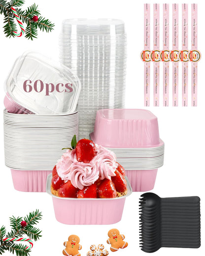 YQER 60 Pack 10oz Mini Cake Pans with Lids, Spoons, Stickers - Disposable Square Brownie Baking Cups - Individual Small Aluminum Foil Loaf Tins for Muffin, Ramekins, Cupcake - Catering, Gift, Pink