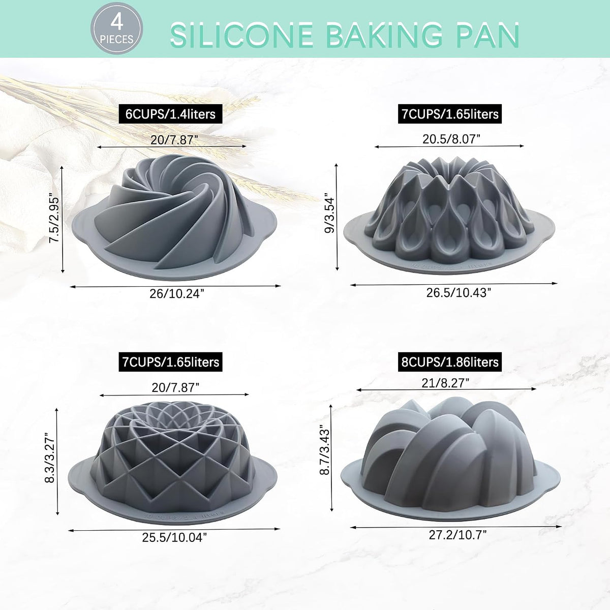 Tongjude 4 Pieces Silicone Fluted Cake Pans, 6/7/8 Cups Tube Baking Pan, Non-Stick Kitchen Oven Baking Pans, Silicone Molds for Homemade Cake, Bread and Jello, Grey