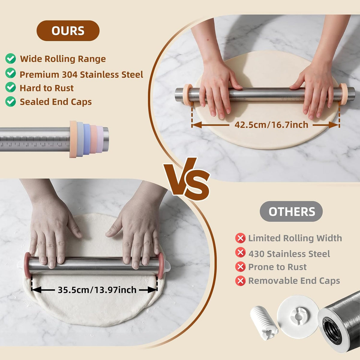 Rolling Pin with Thickness Rings for Baking: Dough Roller for Cake Pop