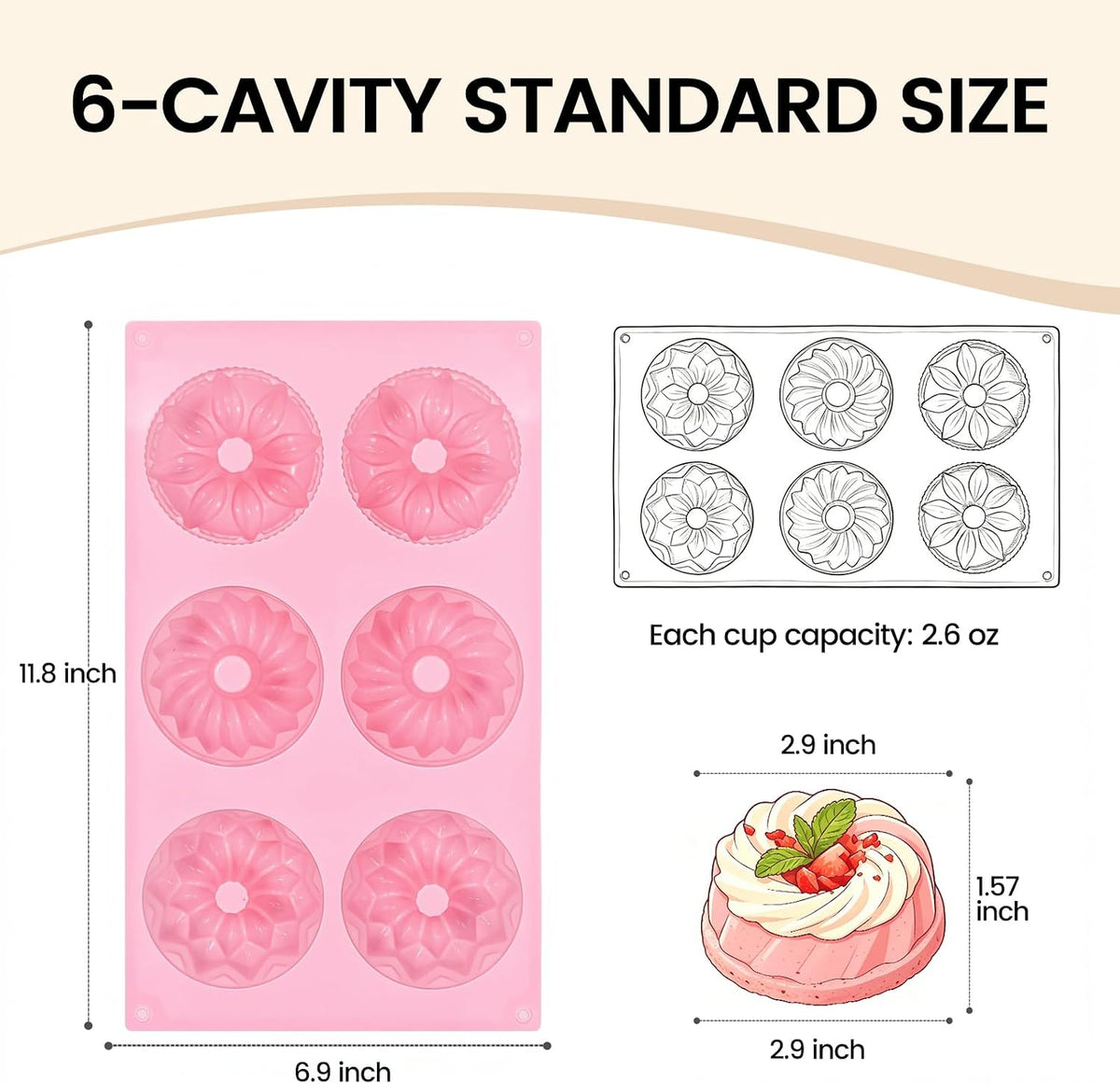 3 Pcs Silicone Mini Fluted Tube Cake Pans, 6‑Cavity Mini Cake Pans