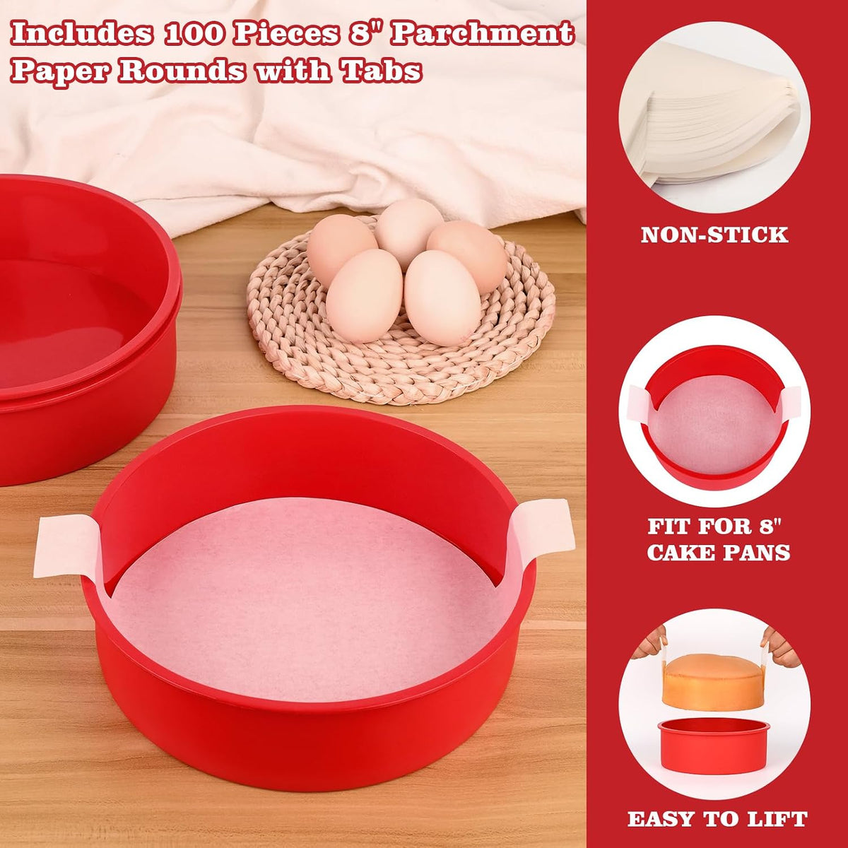 HUAKENER 8 Inch Round Cake Pan,3Pcs Silicone Cake Mold with Parchment Paper