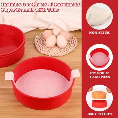 HUAKENER 8 Inch Round Cake Pan,3Pcs Silicone Cake Mold with Parchment Paper