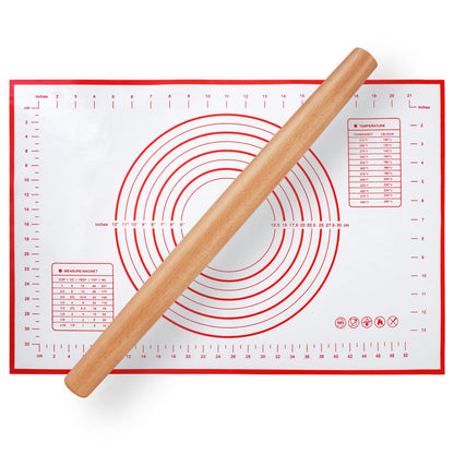 Wood French Rolling Pin for Baking, QUELLANCE Wooden Dough Roller with Silicone Baking Mat, Beech Wood Rolling Pins for Baking Dough, Pizza, Pie, Pastries, Pasta and Cookies,Red Pastry Mat