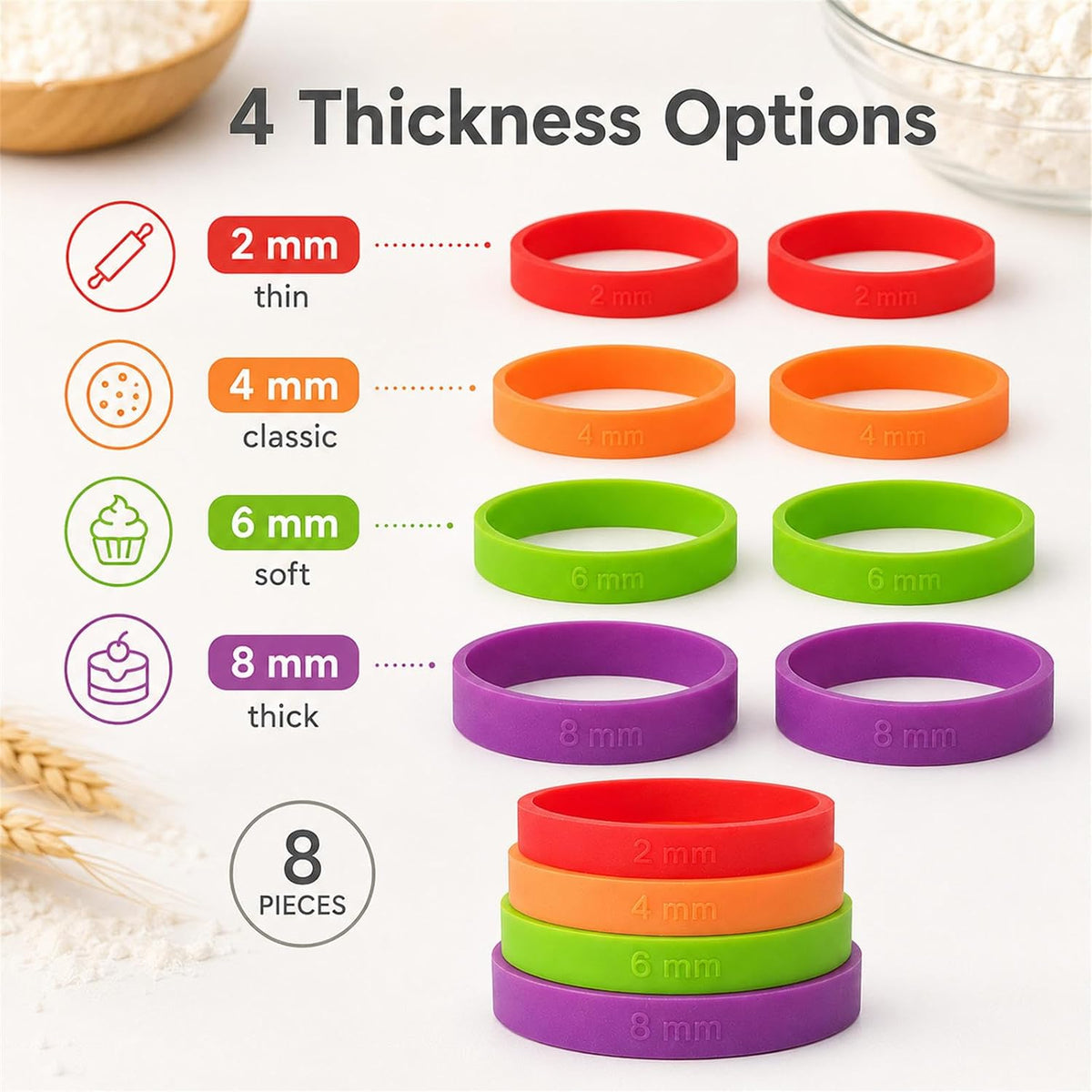 8pcs Silicone Rolling Pin Thickness Rings, Baking Accessories