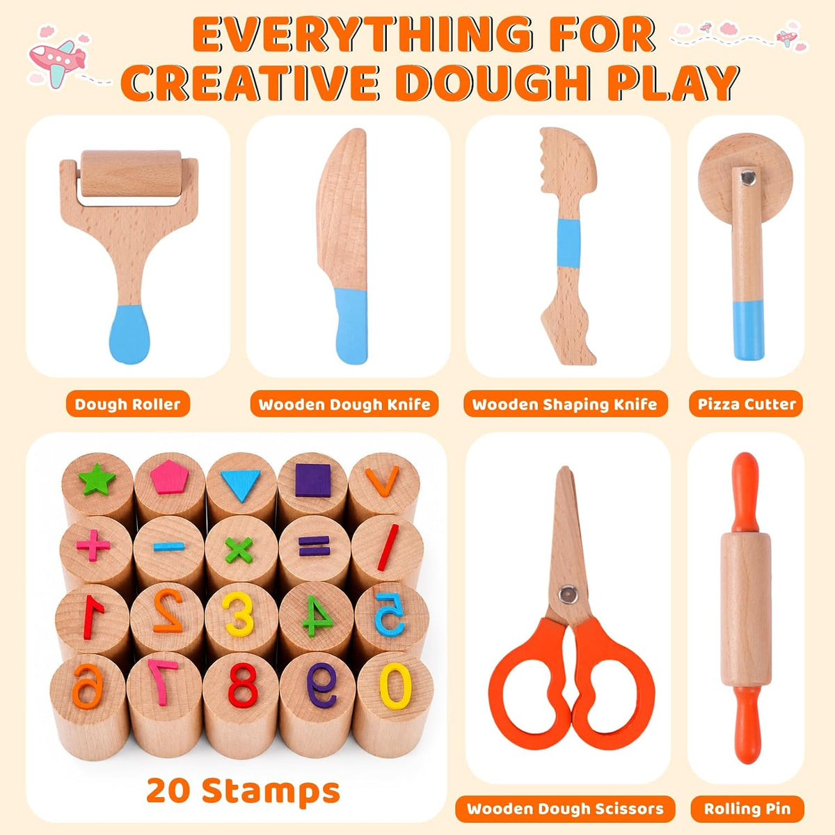 FIIOEOY Wooden Dough Tool Set for Kids, Dough Tools & Number Shape Stamps