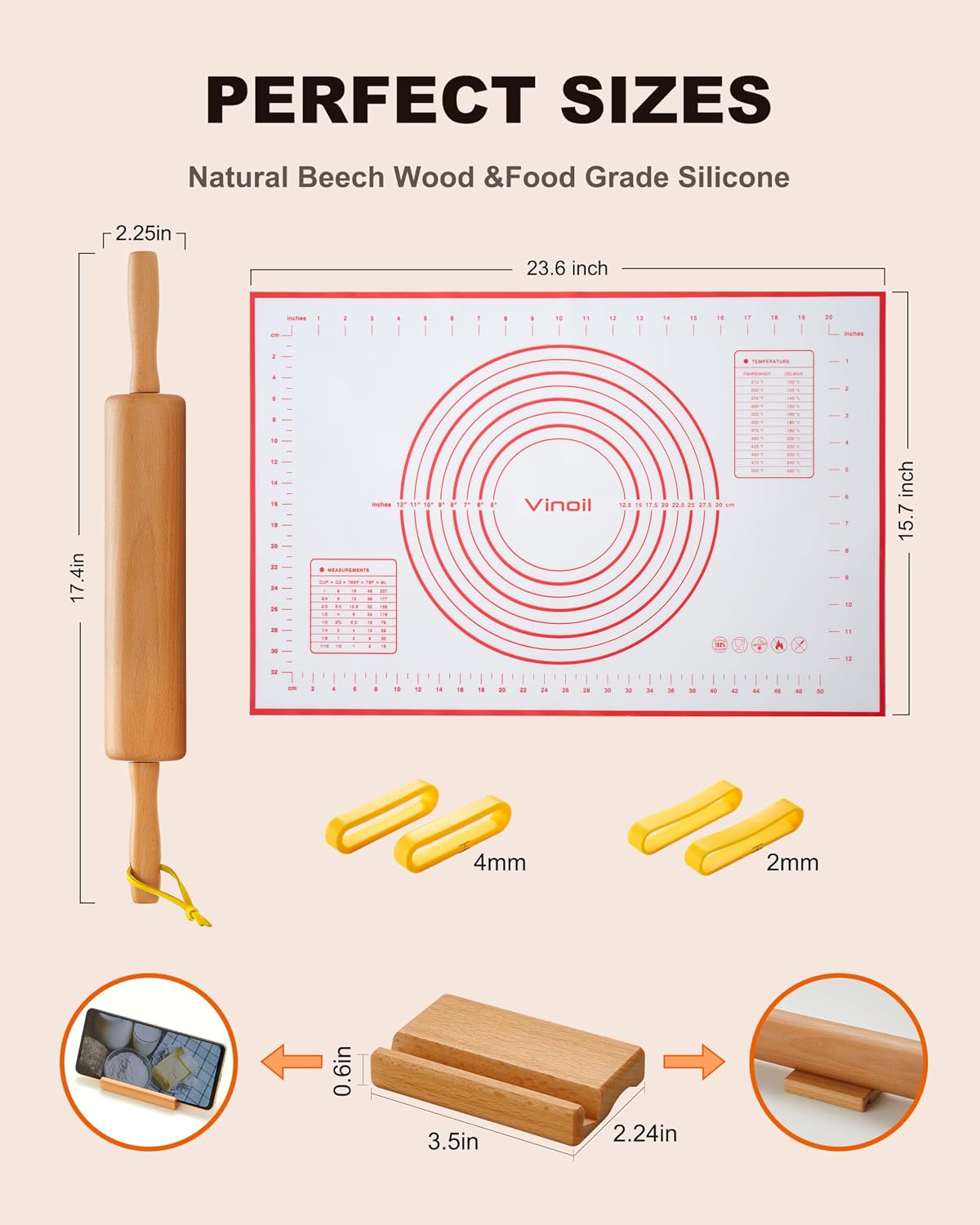 Classic Wood Rolling Pin, 17" Rolling Pins for Baking with Silicone Mat and Adjustable Thickness Rings, Pasta Roller with Wood Base, Fondant Roller for Pie Crust, Cookies, Pizza Dough and Bread