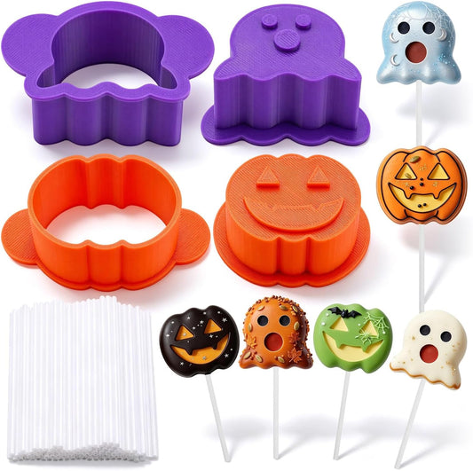 WDAHDHP Halloween Cake Pop Mold Kit, Including 2Pcs Pumpkin Ghost Molds, 1Pc Display Stands, 100Pcs Lollipop Sticks for Halloween Home Parties Baking Desserts Making