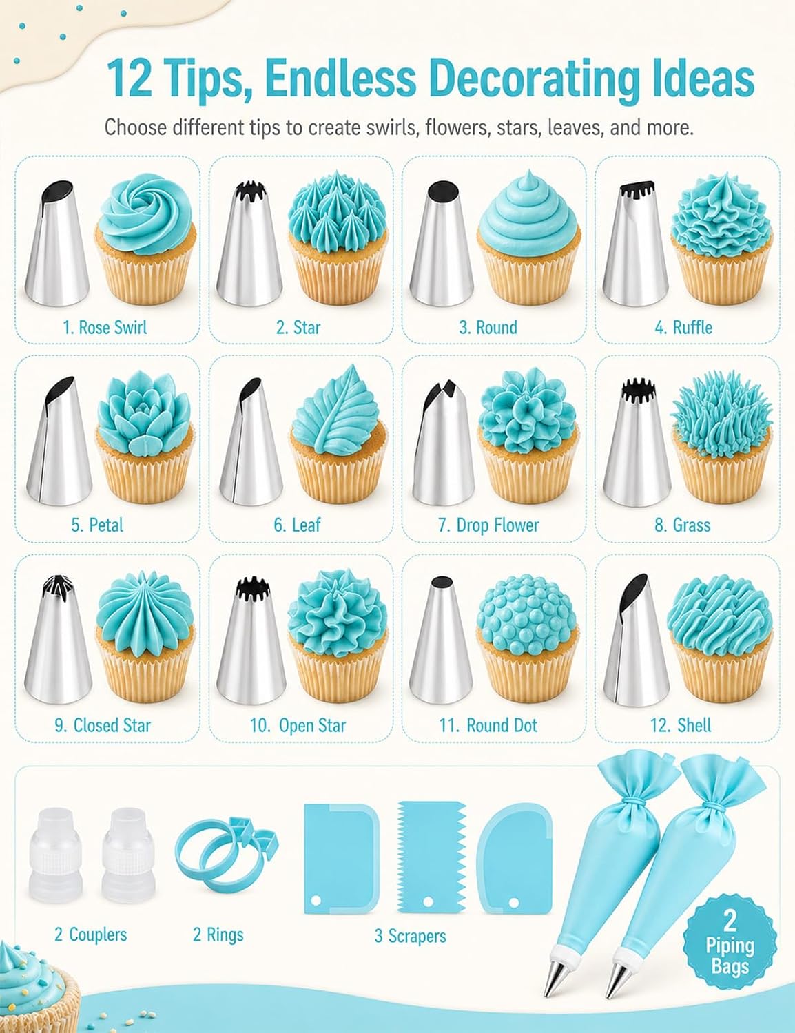 Reusable Piping Bags and Tips Set, 21-Piece Cake and Cupcake Decorating Kit