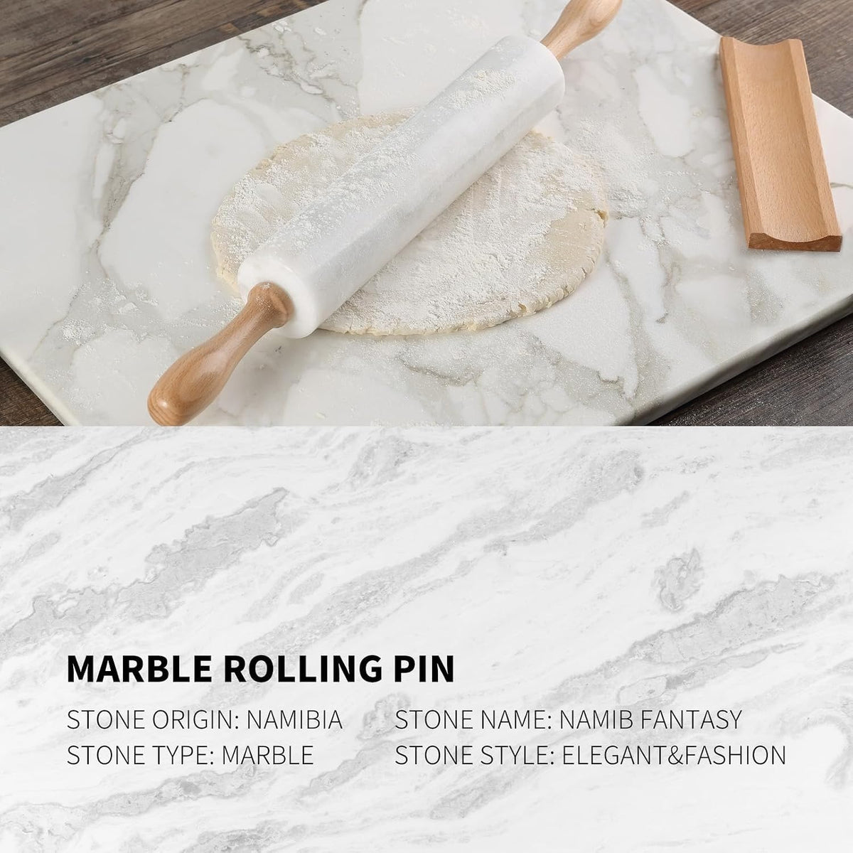 Koville Marble Rolling Pin, Non-Stick African Stone Polished Dough Roller, Pasta, Dumpling, Ravioli, Fondant, Pie Crust, Kitchen Baking Pastry Tools