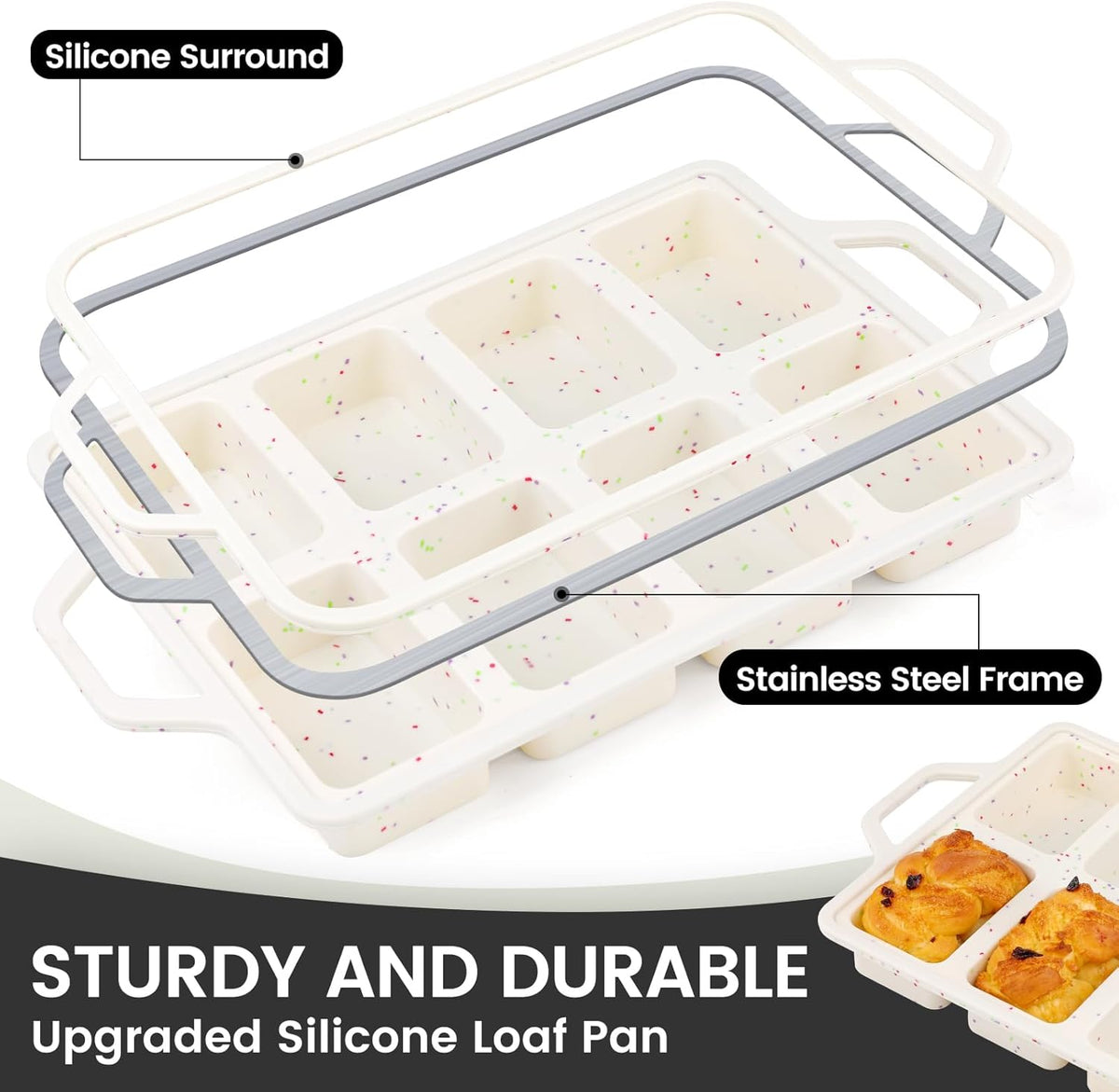 Vinino 2 Pack 8-Cavity Mini Silicone Loaf Pans with Metal-Reinforced Frame