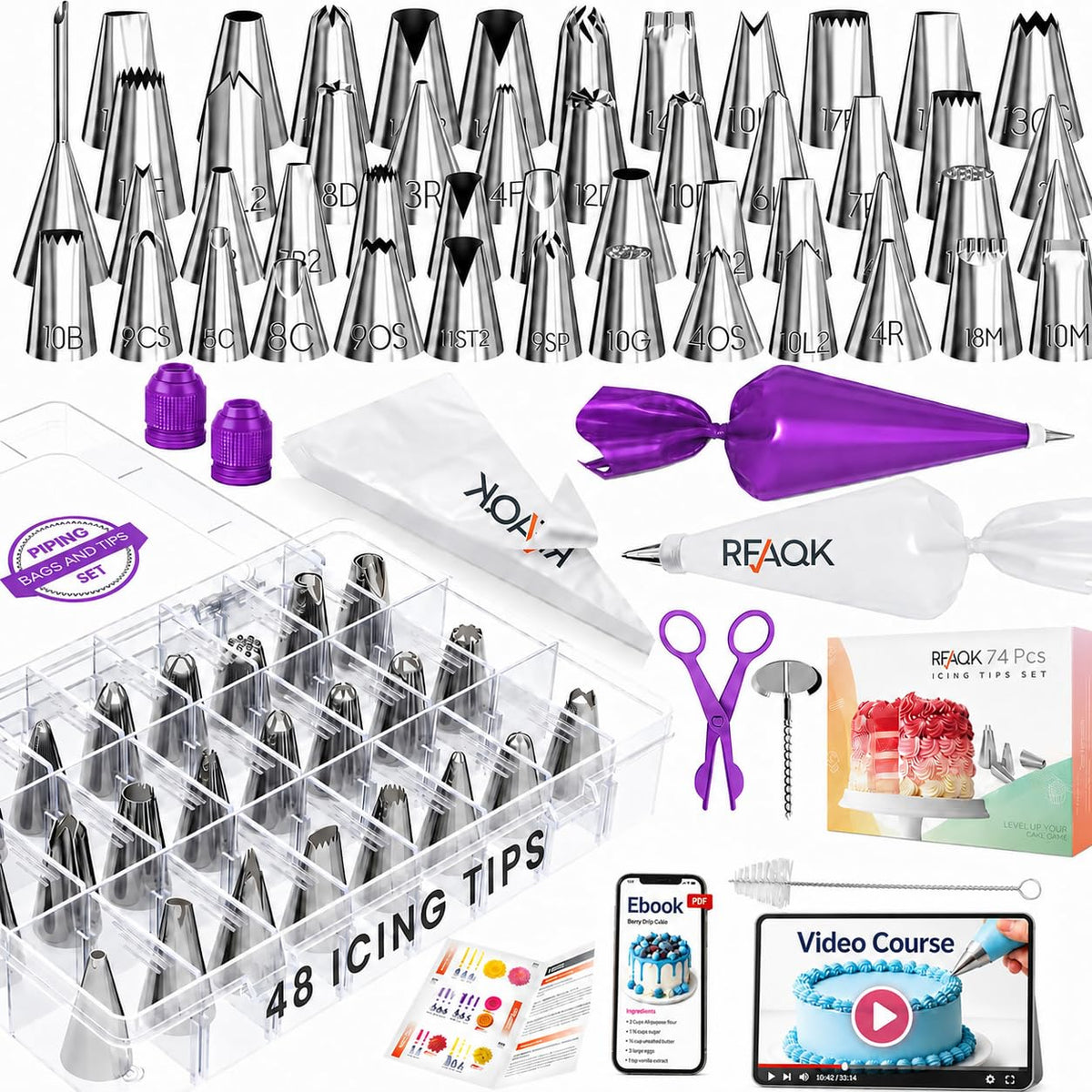 RFAQK 74PCs Icing Piping Bags and Tips Set, Cake Decorating Kit with 48-Numbered Piping Tips, 12inch Anti Burst Pastry Bags, Booklet, E-book & Complete Video Course for Cookie Cupcake Cake Decoration