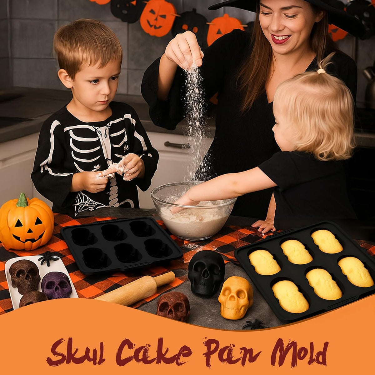 Silicone Skull Cake Pan with Metal Framed - 6 Cavity Skull Baking Pan & Silicone Mold for Halloween Parties & Baking Fun | Food-Safe Non-Stick Ice Cube Tray, Cupcake Maker