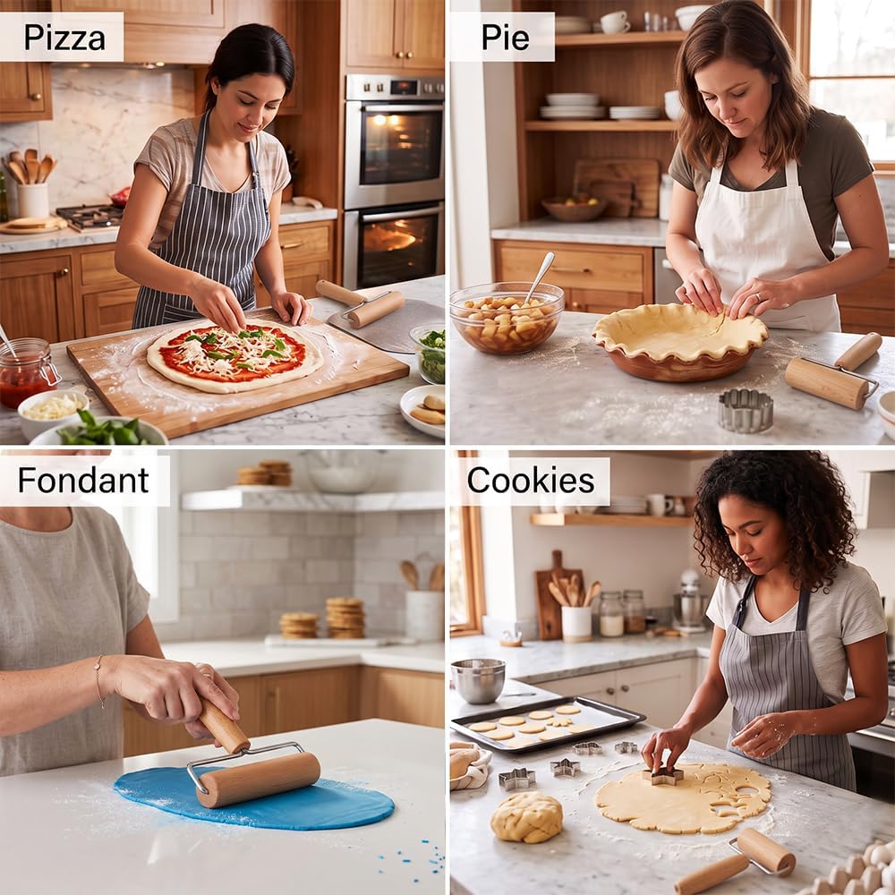 2Pcs Wooden Rolling Pins Set, T Shape Dough Roller for Pizza Cookie Baking