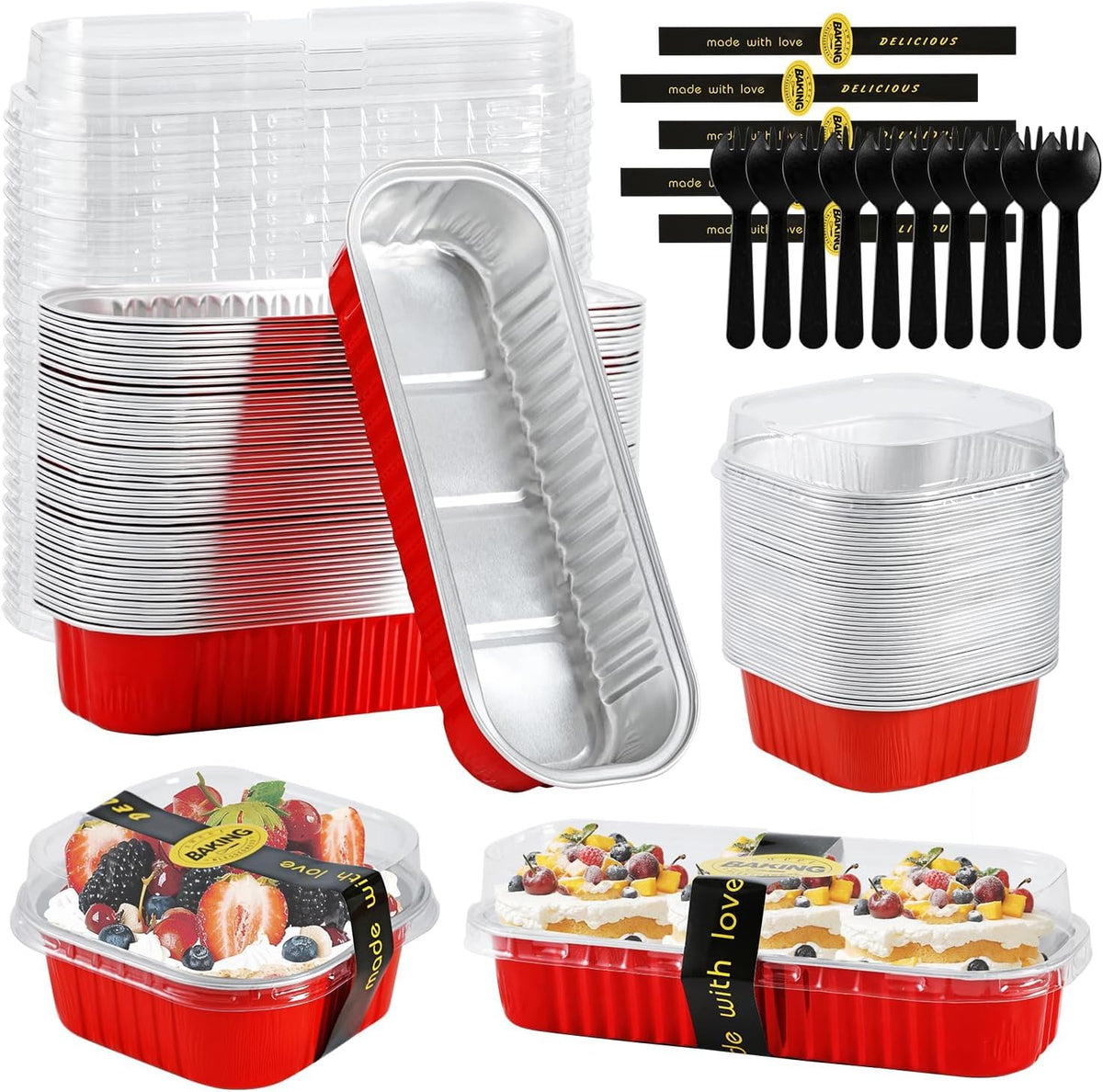Mini Loaf Pans with Lids and Spoons Sealing Sticker,6.8oz Cake Pans for Baking Disposable Aluminum Foil Pink/Red cake pan (30, Pink)
