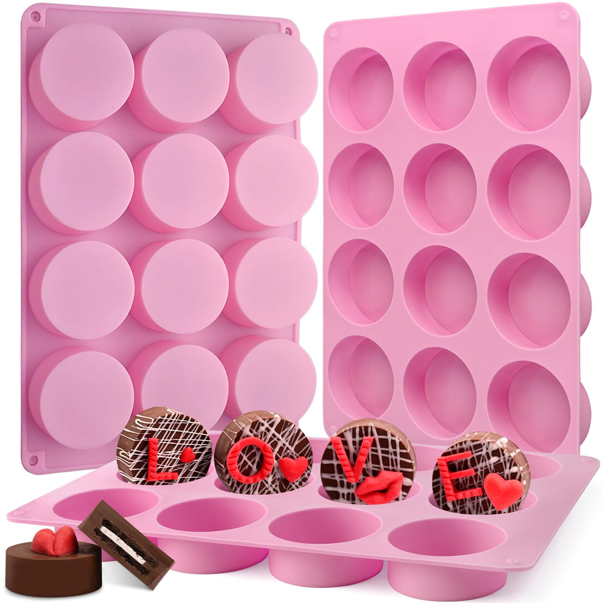 Actvty Chocolate Cover Cookie Silicone Molds, New Size 12-Cavity Round Silicone Molds for Chocolate Cover, Cylinder Baking Mold for Candy Mini Cakes Jelly Baking（2 Pack）