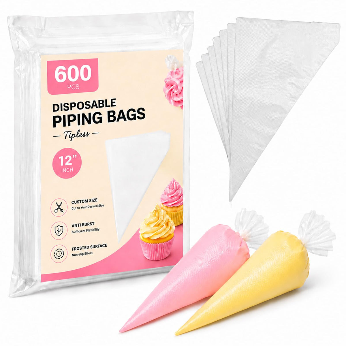 250 Pcs Disposable Piping Bags 12 Inch, Tipless Icing Piping Bags Non-Slip Anti Burst Disposable Pastry Bags for Cream Frosting, Cakes, Chocolate, Cupcakes and Cookies Decoration Supplies
