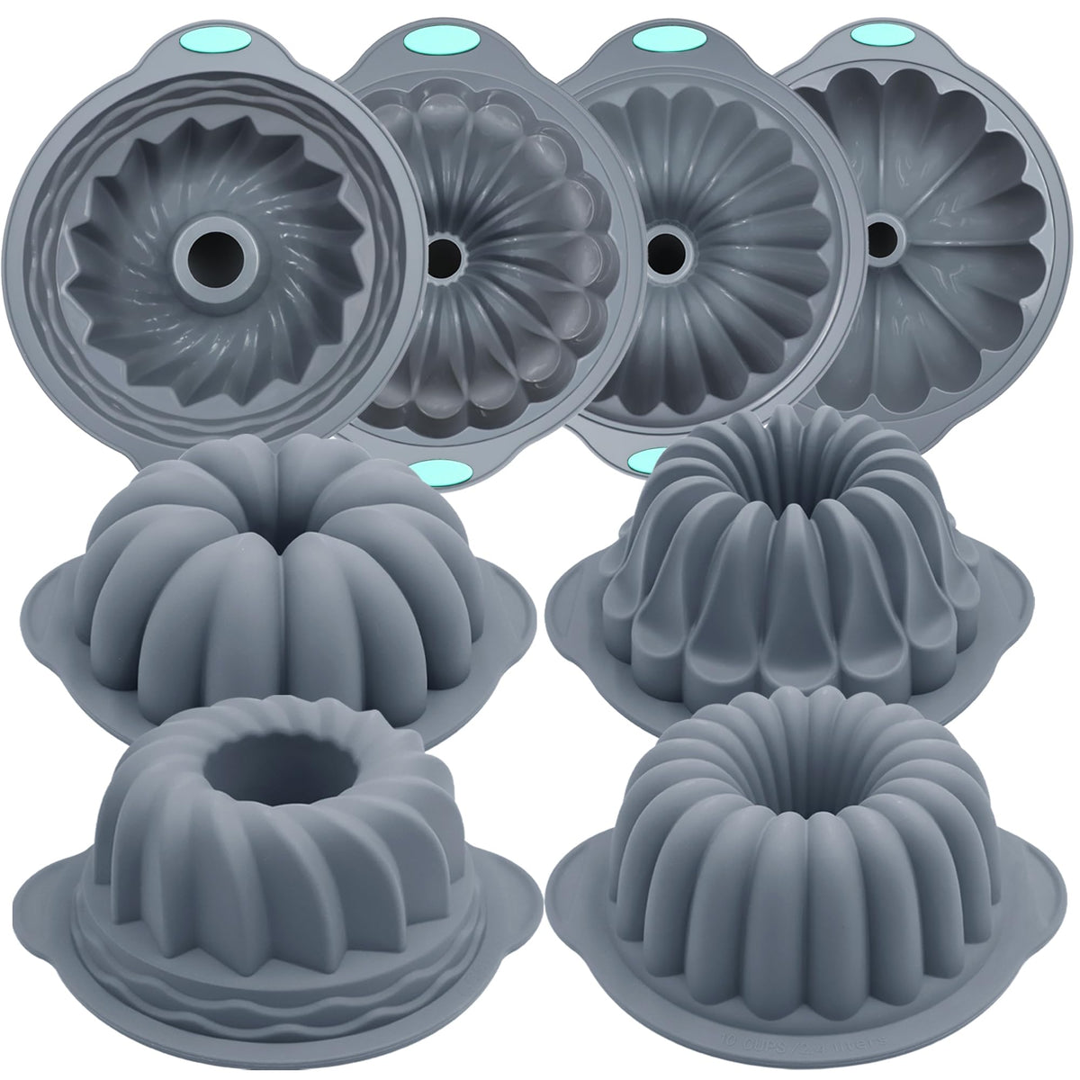 Tongjude 4 Pieces Silicone Fluted Cake Pans, 6/7/8 Cups Tube Baking Pan, Non-Stick Kitchen Oven Baking Pans, Silicone Molds for Homemade Cake, Bread and Jello, Grey