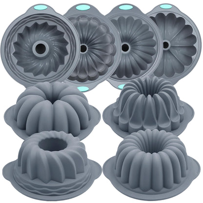 Tongjude 4 Pieces Silicone Fluted Cake Pans, 6/7/8 Cups Tube Baking Pan, Non-Stick Kitchen Oven Baking Pans, Silicone Molds for Homemade Cake, Bread and Jello, Grey