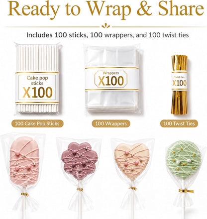 Cake Pop Molds Set, 4 Shapes with Tray, 100 Sticks Wrappers Ties