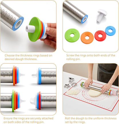 Rolling Pin with Thickness Rings, Fulimax 17" Adjustable Stainless Steel Rolling Pins for Baking, Dough Roller for Fondant Pizza, Pie, Pasta, Cookies, Cakes, Kitchen Baking Supplies