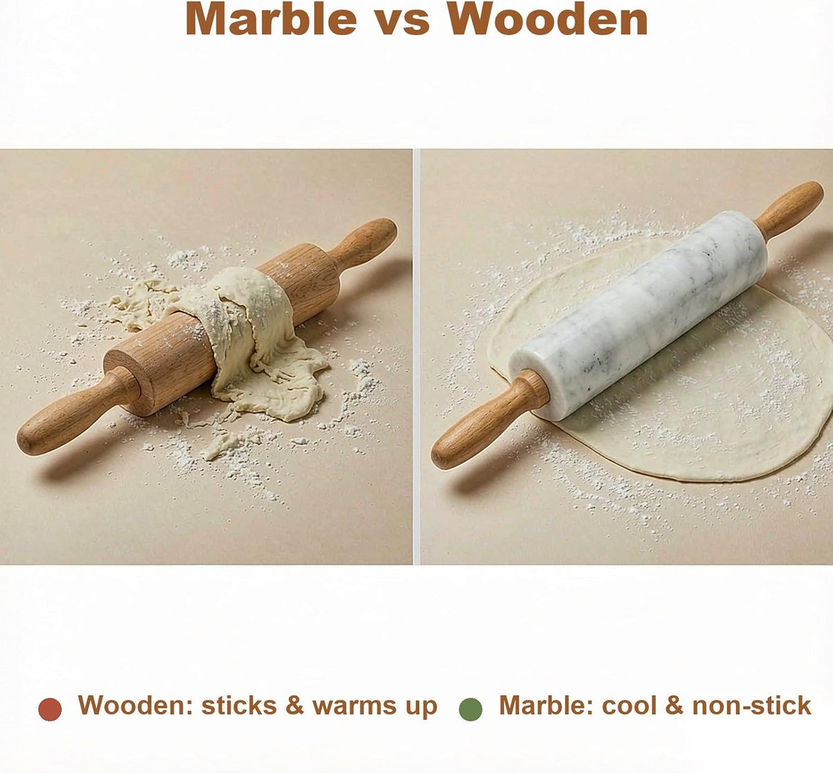 White small Marble Dough Rolling Pin for Baking, 8 inch Barrel