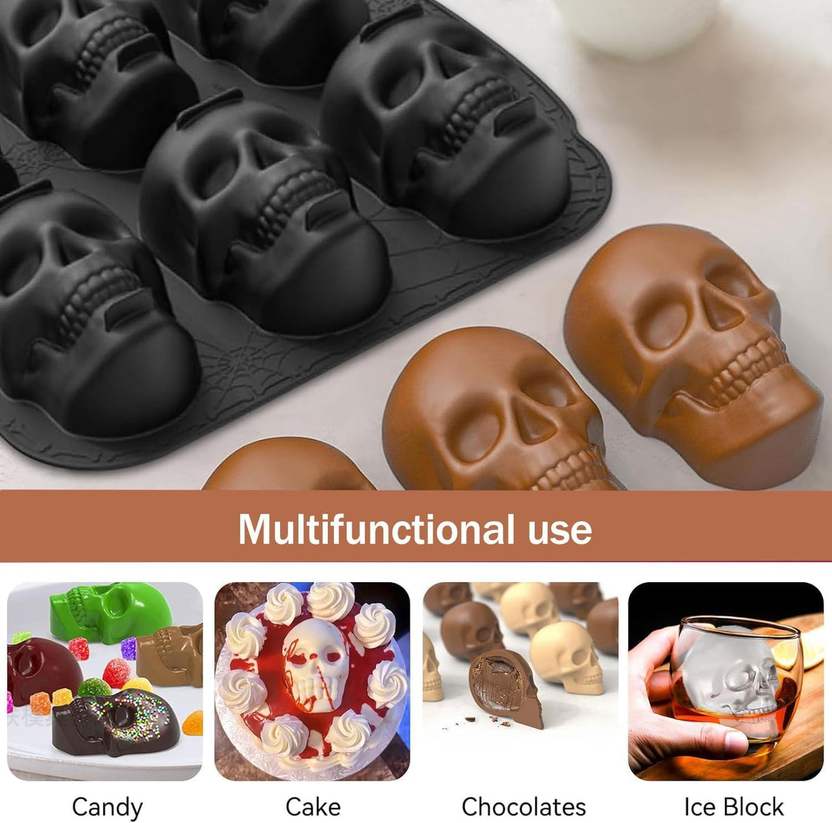 enttgo Skull Cake Pan, 6 Cavity Silicone Mold, Pirate Skull Molds For Baking, Halloween, Birthday Party