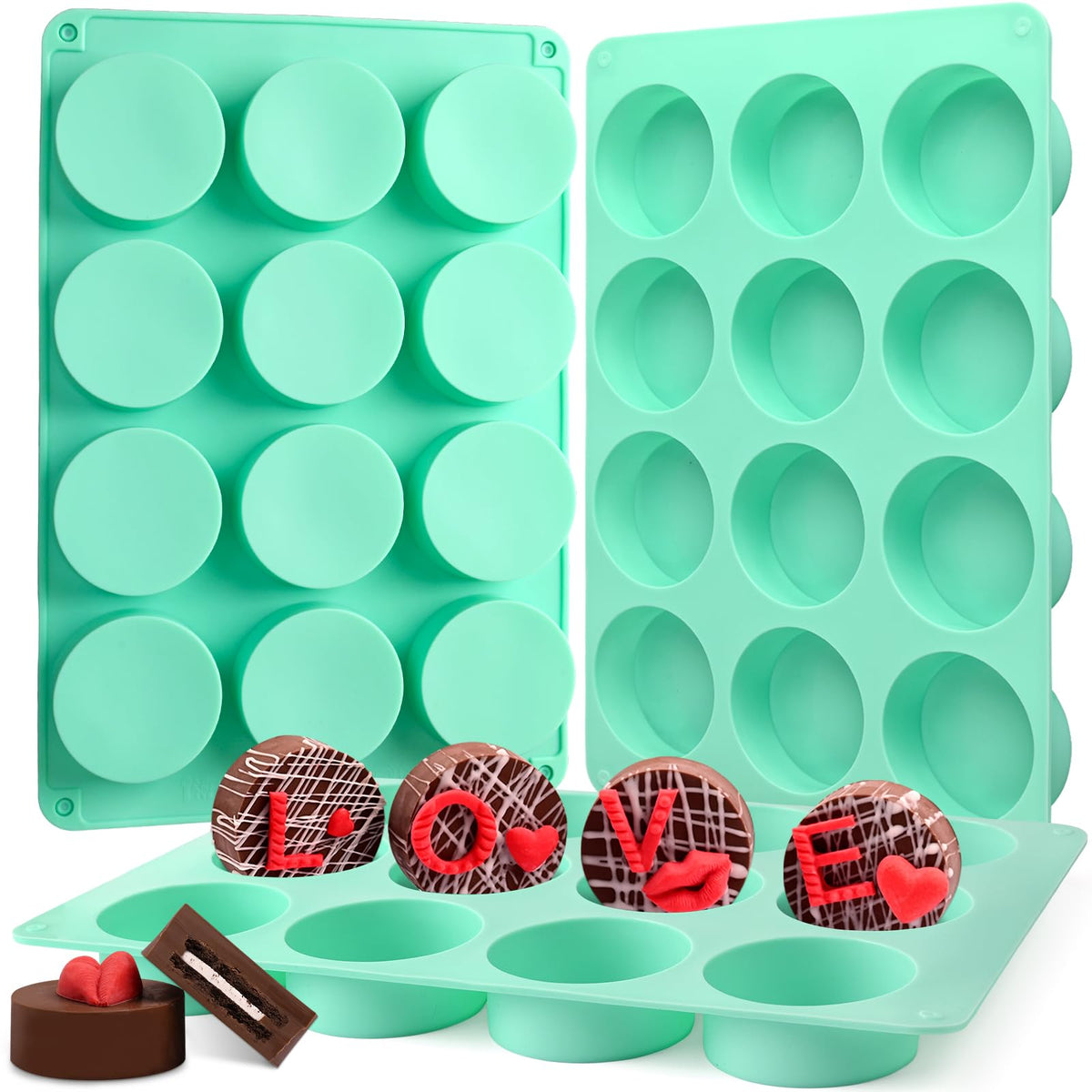 Actvty Chocolate Cover Cookie Silicone Molds, New Size 12-Cavity Round Silicone Molds for Chocolate Cover, Cylinder Baking Mold for Candy Mini Cakes Jelly Baking（2 Pack）