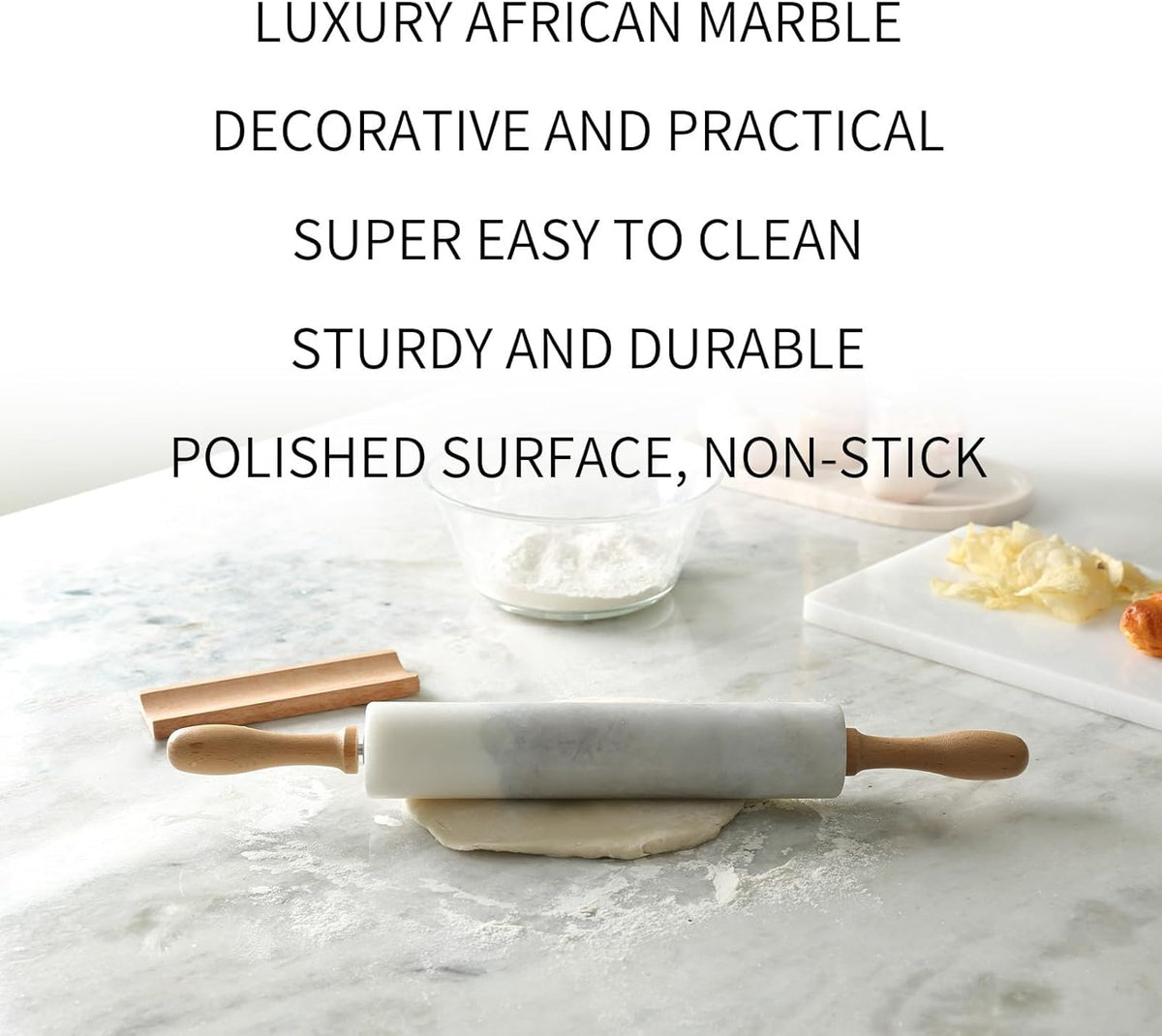 Koville Marble Rolling Pin, Non-Stick African Stone Polished Dough Roller, Pasta, Dumpling, Ravioli, Fondant, Pie Crust, Kitchen Baking Pastry Tools