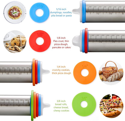 Rolling Pin with Thickness Rings, Fulimax 17" Adjustable Stainless Steel Rolling Pins for Baking, Dough Roller for Fondant Pizza, Pie, Pasta, Cookies, Cakes, Kitchen Baking Supplies