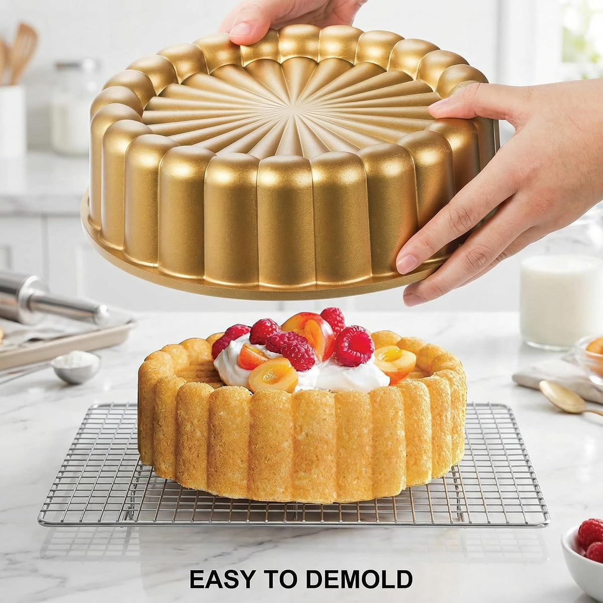 Goaste 9.5 Inch Charlotte Cake Pan, Reusable Fluted Mold, Nonstick Aluminium With Flower Shape for Cheese, Chocolate, Strawberry Shortcake, Brownie Tart Pie
