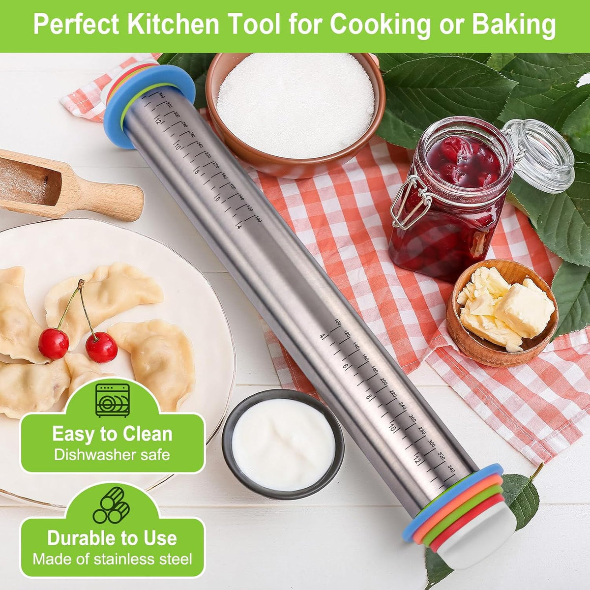 Adjustable Rolling Pin with Thickness Rings for Baking, Stainless Steel Designs Dough Roller Pins for Cookie Decorating Baking Supplies Fondant Cake Baker