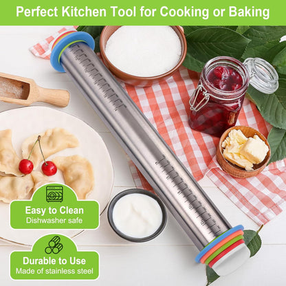 Adjustable Rolling Pin with Thickness Rings for Baking, Stainless Steel Designs Dough Roller Pins for Cookie Decorating Baking Supplies Fondant Cake Baker