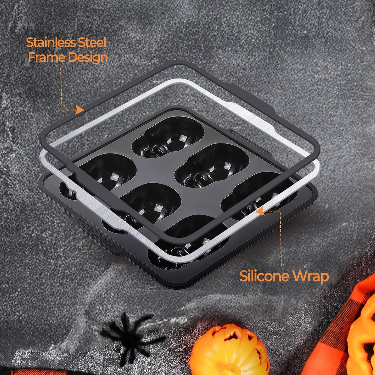 Silicone Skull Cake Pan with Metal Framed - 6 Cavity Skull Baking Pan & Silicone Mold for Halloween Parties & Baking Fun | Food-Safe Non-Stick Ice Cube Tray, Cupcake Maker